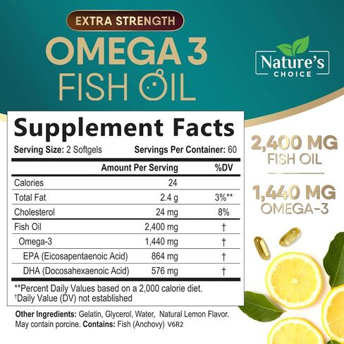 Omega 3 Fish Oil Supplements - 2400mg Fish Oil Per Serving - Triple Strength Omega-3 with Fatty Acids EPA & DHA - Natural Heart, Brain & Immune Support - Wild Caught, Bottled in USA - 240 Softgels in Kuwait