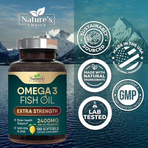 Omega 3 Fish Oil Supplements - 2400mg Fish Oil Per Serving - Triple Strength Omega-3 with Fatty Acids EPA & DHA - Natural Heart, Brain & Immune Support - Wild Caught, Bottled in USA - 240 Softgels in Kuwait