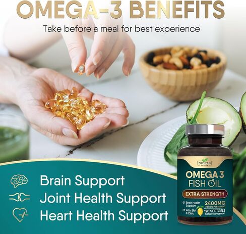 Omega 3 Fish Oil Supplements - 2400mg Fish Oil Per Serving - Triple Strength Omega-3 with Fatty Acids EPA & DHA - Natural Heart, Brain & Immune Support - Wild Caught, Bottled in USA - 240 Softgels in Kuwait