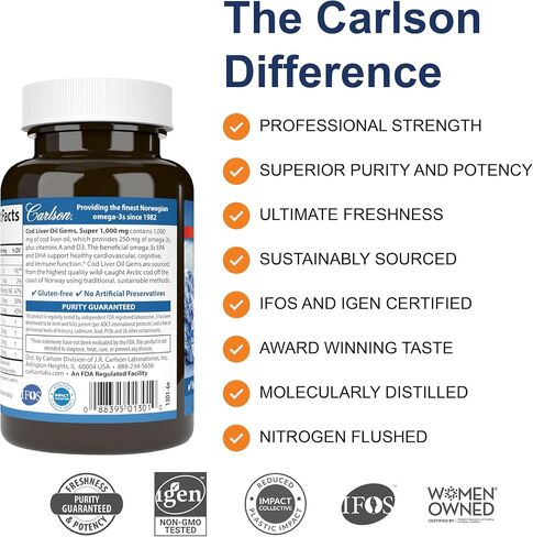 Carlson - Cod Liver Oil, Super 1000 mg + Vitamins A & D3, Wild Norwegian, Sustainably Sourced, 100 Softgels in Saudi Arabia