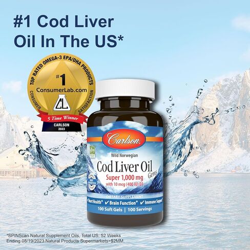 Carlson - Cod Liver Oil, Super 1000 mg + Vitamins A & D3, Wild Norwegian, Sustainably Sourced, 100 Softgels in Saudi Arabia