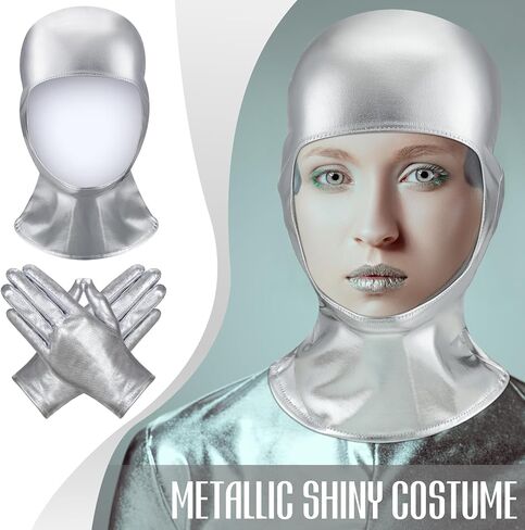 2 Pcs Halloween Open Face Mask and Gloves Costume Halloween Cosplay Set Masquerade Mask for Women Men with Gloves (Silver, PU Leather) in Saudi Arabia