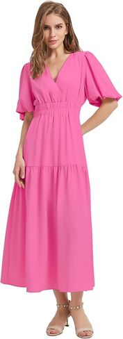 Women's Summer V Neck Short Puff Sleeve A Line Tiered Midi Dress in Saudi Arabia