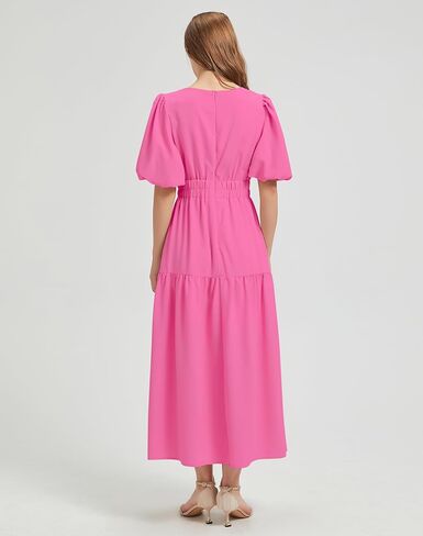 Women's Summer V Neck Short Puff Sleeve A Line Tiered Midi Dress in Saudi Arabia