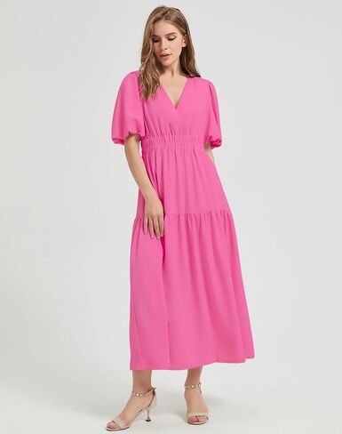 Women's Summer V Neck Short Puff Sleeve A Line Tiered Midi Dress in Saudi Arabia