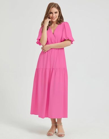 Women's Summer V Neck Short Puff Sleeve A Line Tiered Midi Dress in Saudi Arabia