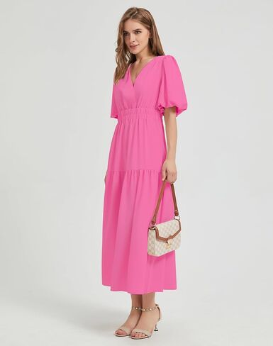 Women's Summer V Neck Short Puff Sleeve A Line Tiered Midi Dress in Saudi Arabia