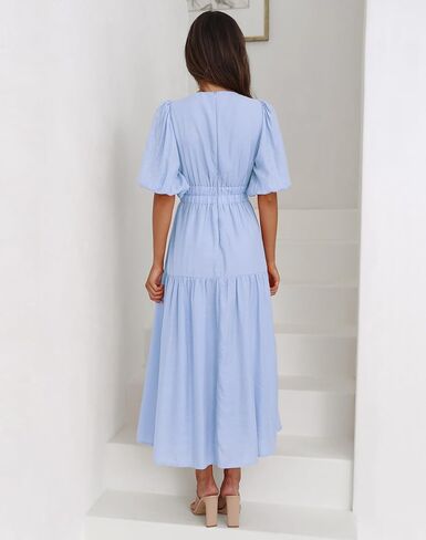 فستان نسائي صيفي قصير بياقة على شكل V وأكمام منتفخة على شكل حرف A بطبقات in Kuwait