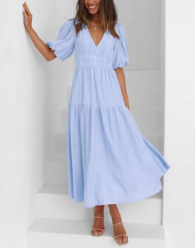 فستان نسائي صيفي قصير بياقة على شكل V وأكمام منتفخة على شكل حرف A بطبقات in Kuwait