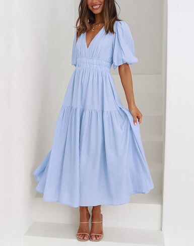 فستان نسائي صيفي قصير بياقة على شكل V وأكمام منتفخة على شكل حرف A بطبقات in Kuwait