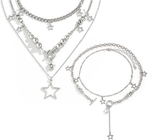 قلادة نجمة فضية Y2K إكسسوارات مجوهرات قلادة فضية مكتنزة كومة الجرونج Kawaii لطيف القلائد الجمالية خمر مجوهرات ايمو (Y2K نجمة قلادة نمط 6) in Kuwait