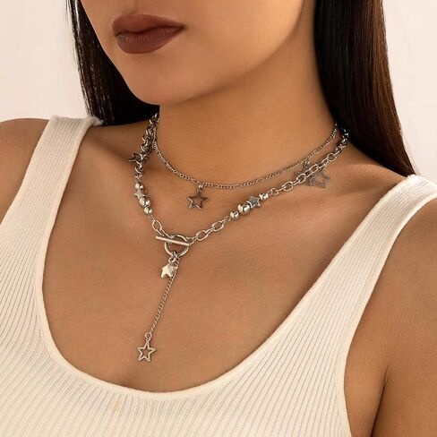 قلادة نجمة فضية Y2K إكسسوارات مجوهرات قلادة فضية مكتنزة كومة الجرونج Kawaii لطيف القلائد الجمالية خمر مجوهرات ايمو (Y2K نجمة قلادة نمط 6) in Kuwait