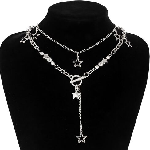 قلادة نجمة فضية Y2K إكسسوارات مجوهرات قلادة فضية مكتنزة كومة الجرونج Kawaii لطيف القلائد الجمالية خمر مجوهرات ايمو (Y2K نجمة قلادة نمط 6) in Kuwait