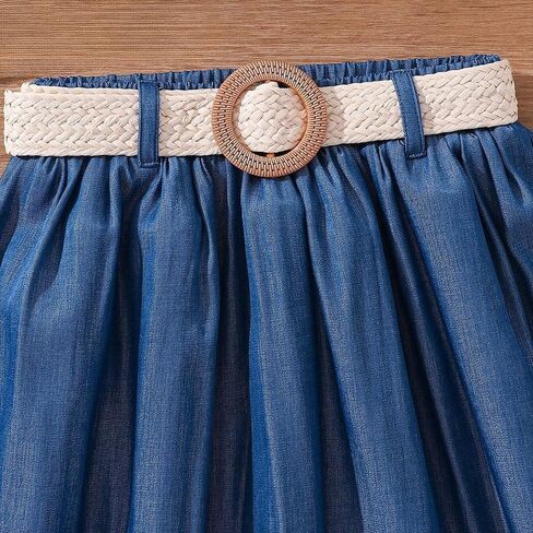 طقم بناتي مكون من قطعتين، فستان صيفي، فتحة رقبة مربعة، بلوزة بيضاء بدون أكمام وتنورة ديمين زرقاء 8-12 سنة in Kuwait