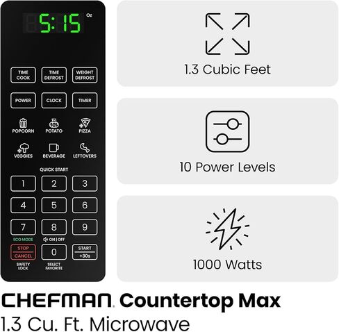 Chefman Countertop Microwave Oven 1.1 Cu. Ft. Digital Stainless Steel Microwave 1000 Watts with 6 Auto Menus, 10 Power Levels, Eco Mode, Memory, Mute Function, Child Safety Lock, Easy Clean in Kuwait