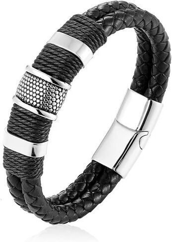 Mens Leather Bracelet With Black Leather Wristband Stainless Steel Clasp Cuff Bangle for Men Great Gifts in Saudi Arabia