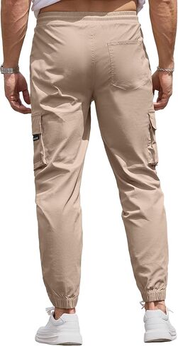 بنطال Cargo Jogger للرجال بخصر مطاطي ورباط وقصة ضيقة مع جيوب بسحاب من القطن للرجال in Kuwait