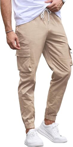 بنطال Cargo Jogger للرجال بخصر مطاطي ورباط وقصة ضيقة مع جيوب بسحاب من القطن للرجال in Kuwait