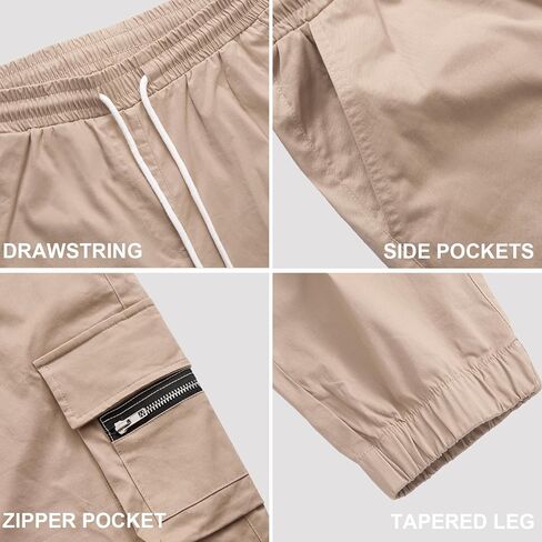 بنطال Cargo Jogger للرجال بخصر مطاطي ورباط وقصة ضيقة مع جيوب بسحاب من القطن للرجال in Kuwait