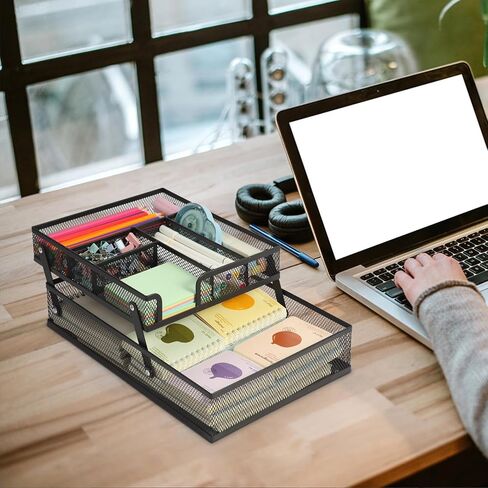 Foldable Desk Drawer Organizer, Double - Layer Mesh Desk Organizer Tray for Office Supplies, Bathroom, Kitchen, Makeup, Vanity (Foldable-Black) in Saudi Arabia
