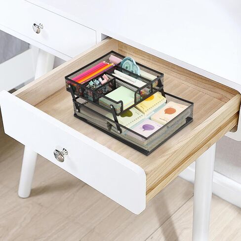 Foldable Desk Drawer Organizer, Double - Layer Mesh Desk Organizer Tray for Office Supplies, Bathroom, Kitchen, Makeup, Vanity (Foldable-Black) in Saudi Arabia