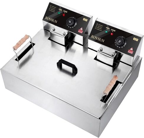 ROVSUN 22.8QT/21.6L Electric Deep Fryer, Commercial Deep Fryer with Baskets Lids Countertop, Stainless Steel Dual Tank Kitchen Fat Fryer Frying Machine for French Fries Donuts, Adjustable Temp, 3400W in Kuwait