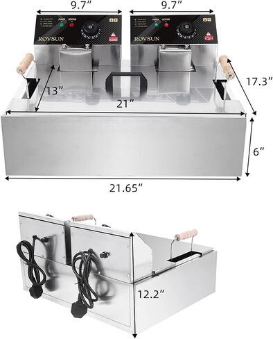 ROVSUN 22.8QT/21.6L Electric Deep Fryer, Commercial Deep Fryer with Baskets Lids Countertop, Stainless Steel Dual Tank Kitchen Fat Fryer Frying Machine for French Fries Donuts, Adjustable Temp, 3400W in Kuwait