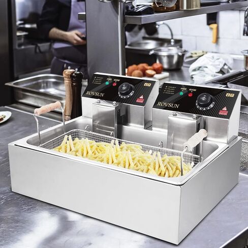 ROVSUN 22.8QT/21.6L Electric Deep Fryer, Commercial Deep Fryer with Baskets Lids Countertop, Stainless Steel Dual Tank Kitchen Fat Fryer Frying Machine for French Fries Donuts, Adjustable Temp, 3400W in Kuwait