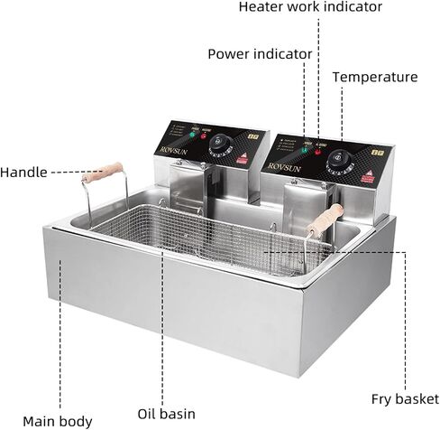 ROVSUN 22.8QT/21.6L Electric Deep Fryer, Commercial Deep Fryer with Baskets Lids Countertop, Stainless Steel Dual Tank Kitchen Fat Fryer Frying Machine for French Fries Donuts, Adjustable Temp, 3400W in Kuwait