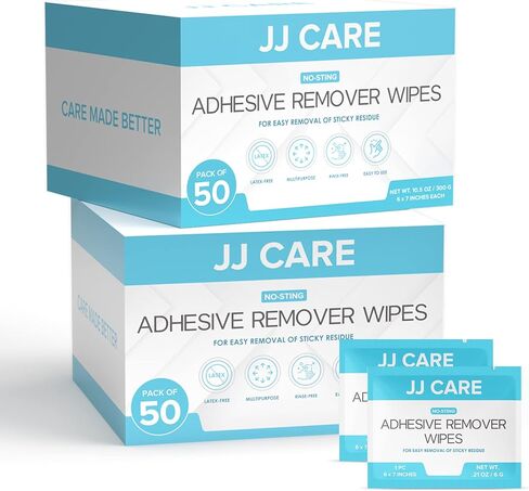 JJ CARE Adhesive Remover Wipes [Pack of 100] 6"x7" Large Stoma Wipes - Medical Adhesive Remover Wipes - Sting Free Adhesive Remover Wipes for Skin Ostomy, Stoma, Colostomy Devices and Dressings in Saudi Arabia