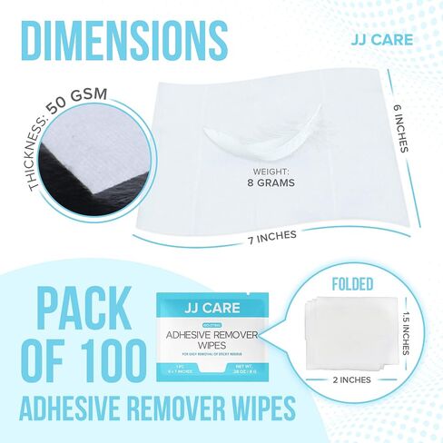 JJ CARE Adhesive Remover Wipes [Pack of 100] 6"x7" Large Stoma Wipes - Medical Adhesive Remover Wipes - Sting Free Adhesive Remover Wipes for Skin Ostomy, Stoma, Colostomy Devices and Dressings in Saudi Arabia