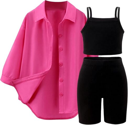 Floerns Toddler Girl's Active Shorts and Cami Top Long Sleeve Button Down Shirts 3 Piece Outfit in Saudi Arabia