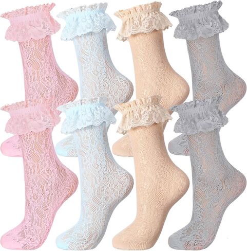 Geyoga 4 Pairs Lace Ruffle Frilly Ankle Socks Women Lace Socks Cute Dress Socks for Women Ladies Princess Accessories in Saudi Arabia