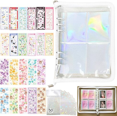 Kpop Photocard Holder Book Set A5 Binder Photocard Album 6 Ring,Zipper Model,20 Pack 160 Cards 3 Inch Photo,with 50 Pcs Laser Flashing Card Sleeves,22 Sheets Stickers (white) in Saudi Arabia
