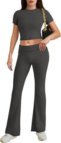 Two Piece Lounge Sets for Women Fold Over Flare Pants Short Sleeve Crop Top Y2k Outfits Matching Set Tracksuit in Saudi Arabia