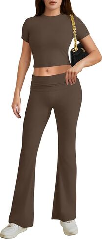 Two Piece Lounge Sets for Women Fold Over Flare Pants Short Sleeve Crop Top Y2k Outfits Matching Set Tracksuit in Saudi Arabia
