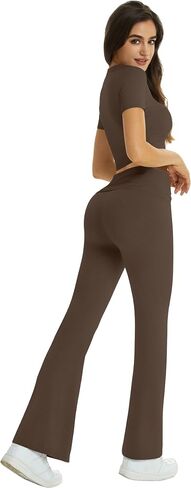 Two Piece Lounge Sets for Women Fold Over Flare Pants Short Sleeve Crop Top Y2k Outfits Matching Set Tracksuit in Saudi Arabia
