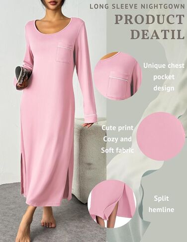 Ekouaer Womens Nightgown Long Sleeve Nightgowns for Woman Sleep Dress Night Shirt Soft Full Length Sleepwear S-XXL in Saudi Arabia