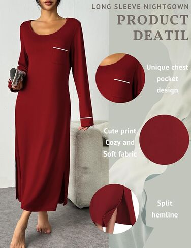 Ekouaer Womens Nightgown Long Sleeve Nightgowns for Woman Sleep Dress Night Shirt Soft Full Length Sleepwear S-XXL in Saudi Arabia