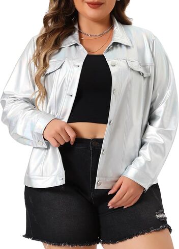 Agnes Orinda Plus Size Metallic Jacket for Women Moto Biker Jacket Holographic Shiny Party Shirt Jackets in Saudi Arabia