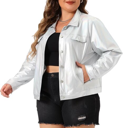 Agnes Orinda Plus Size Metallic Jacket for Women Moto Biker Jacket Holographic Shiny Party Shirt Jackets in Saudi Arabia