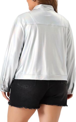Agnes Orinda Plus Size Metallic Jacket for Women Moto Biker Jacket Holographic Shiny Party Shirt Jackets in Saudi Arabia
