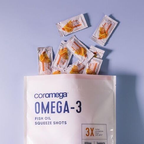 Coromega Omega 3 Fish Oil Supplement, 650mg of Omega-3s with 3X Better Absorption Than Softgels, Orange Flavor, 30 Single Serve Squeeze Packets in Kuwait