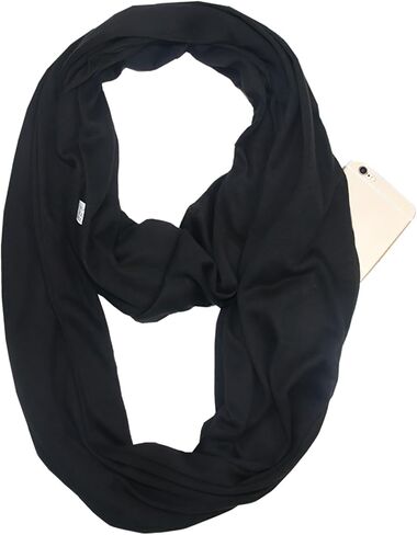 وشاح بحلقة لا متناهية للنساء، وشاح سفر مريح خفيف الوزن باللون الأسود بدون حشوات مع جيب بسحاب مخفي، لف للرقبة مناسب لتخزين الأغراض الصغيرة أثناء السفر يوميًا ويمنع فقدانها in Kuwait