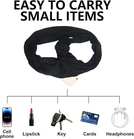 وشاح بحلقة لا متناهية للنساء، وشاح سفر مريح خفيف الوزن باللون الأسود بدون حشوات مع جيب بسحاب مخفي، لف للرقبة مناسب لتخزين الأغراض الصغيرة أثناء السفر يوميًا ويمنع فقدانها in Kuwait