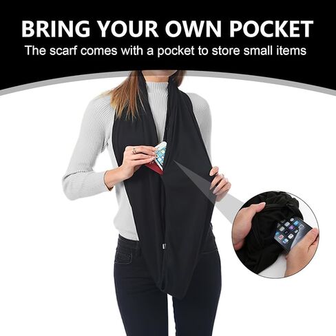 وشاح بحلقة لا متناهية للنساء، وشاح سفر مريح خفيف الوزن باللون الأسود بدون حشوات مع جيب بسحاب مخفي، لف للرقبة مناسب لتخزين الأغراض الصغيرة أثناء السفر يوميًا ويمنع فقدانها in Kuwait