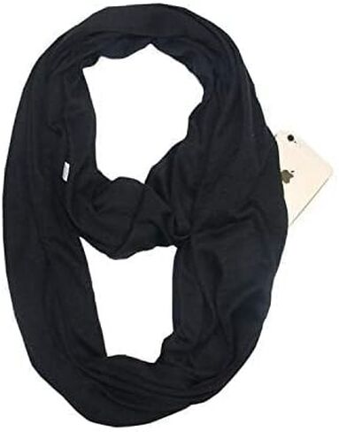 وشاح بحلقة لا متناهية للنساء، وشاح سفر مريح خفيف الوزن باللون الأسود بدون حشوات مع جيب بسحاب مخفي، لف للرقبة مناسب لتخزين الأغراض الصغيرة أثناء السفر يوميًا ويمنع فقدانها in Kuwait