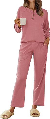 Ekouaer Waffle Knit Pajamas for Women Set Long Sleeve Pants Pj Henley Tops Lounge Sets Comfy Sleepwear with Pockets in Saudi Arabia