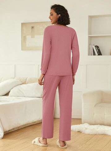 Ekouaer Waffle Knit Pajamas for Women Set Long Sleeve Pants Pj Henley Tops Lounge Sets Comfy Sleepwear with Pockets in Saudi Arabia