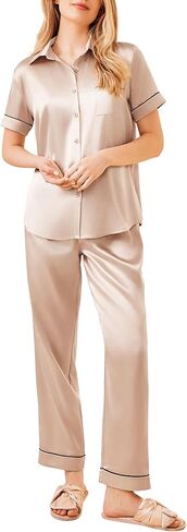 Ekouaer Silky Stain Pajamas Set for Women 2 Piece Short Sleeve PJs Button Down Sleepwear Loungewear S-XXL in Saudi Arabia